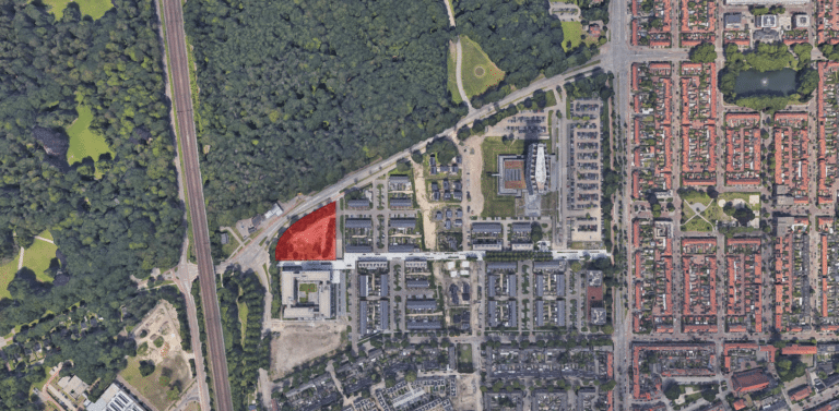 Luchtfoto met de locatie van AT Vredeoord gemarkeerd